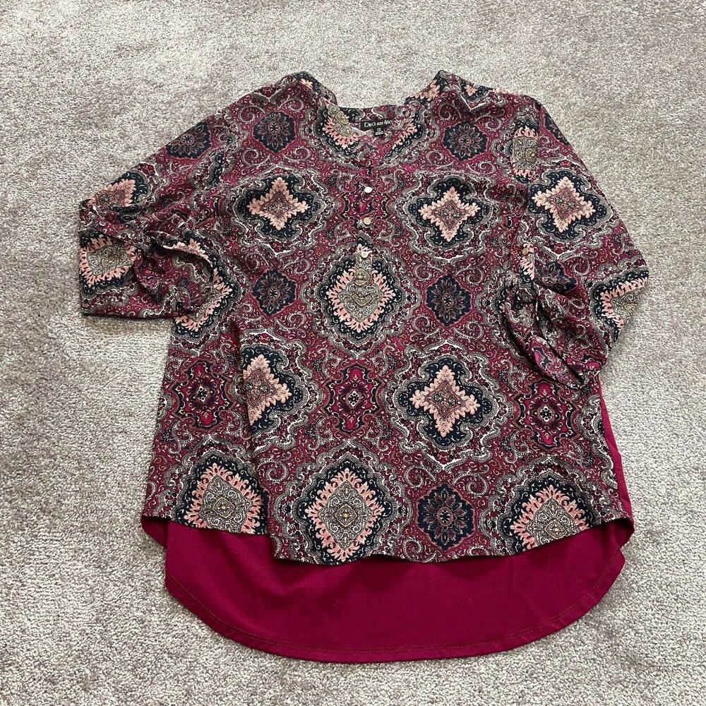 Dina and Ariel Blouse Top Womens 1X Dark Red Jacobean Long Sleeve V Neck Ladies